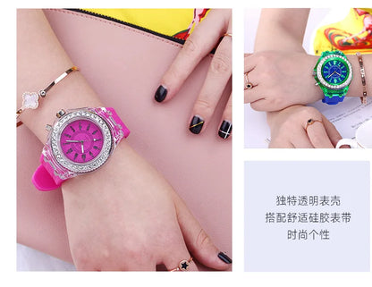 LED Flash Luminous Watch by R.E.D. Shopping featuring rhinestones and silicone strap, suitable for kids and adults.