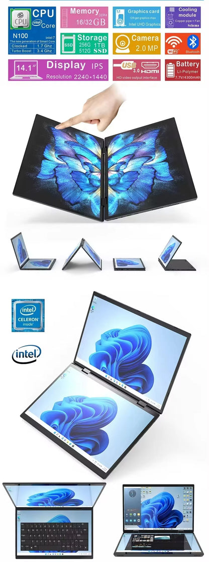 Intel N100 dual-screen laptop with 14-inch 2K touchscreens, 32GB RAM, 360-degree flip metal case, 2-in-1 convertible computer