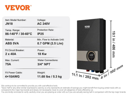 SucceBuy Instant Electric Water Heater 8/13.8/18kW | On-Demand, Digital Display, Easy Install