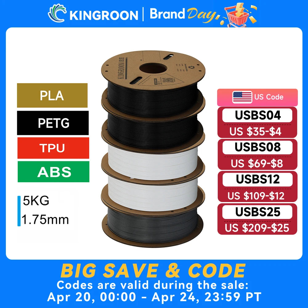 KINGROON 3D Printer Filament Bundle – 5KG, 1.75mm PLA / PETG / TPU / ABS, 5 Rolls, Black / White / Gray