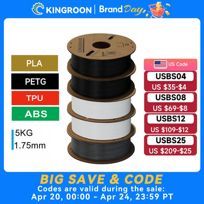 KINGROON 3D Printer Filament Bundle – 5KG, 1.75mm PLA / PETG / TPU / ABS, 5 Rolls, Black / White / Gray