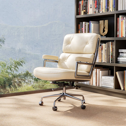 Ergonomic Executive Office Chair – Genuine Leather, Aluminum Arms, Swivel & Wheels
