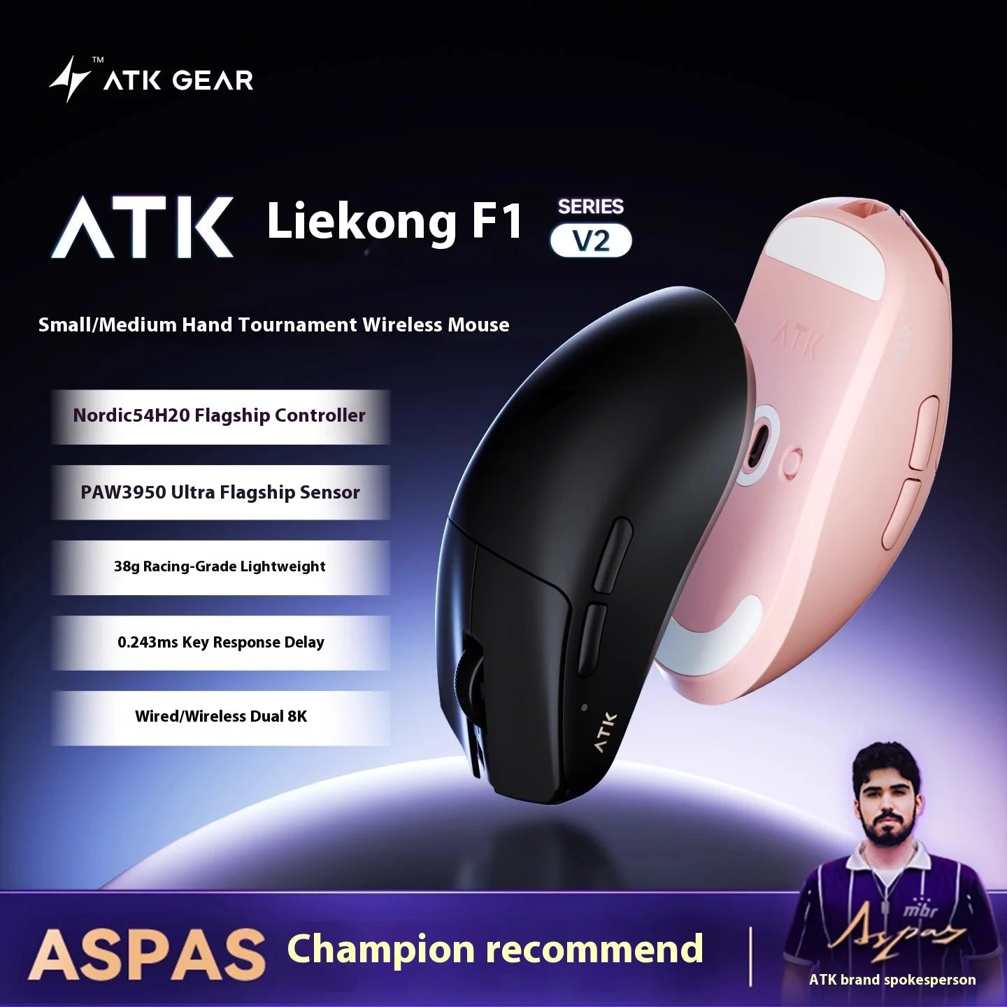 ATK F1 V2 Wireless Gaming Mouse – PAW3950, 38g Ultra-Light, 750IPS, 0.243ms Latency for FPS