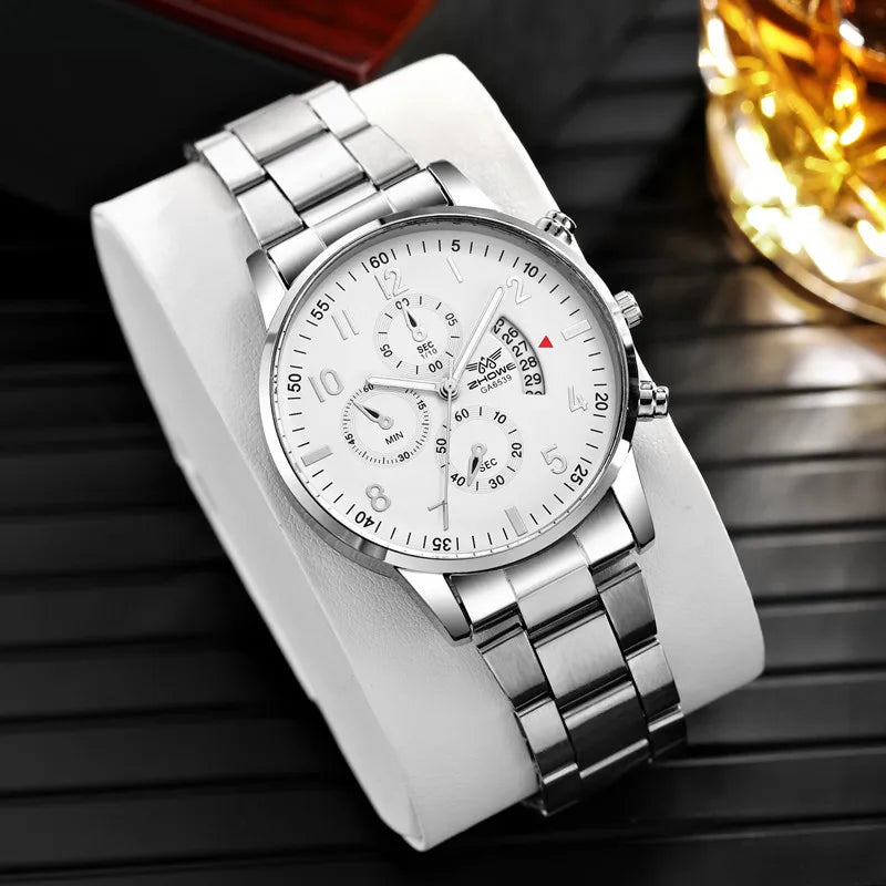 Men's luxury R.E.D. Shopping business watch with steel strap and calendar feature, showcasing a sleek, stylish design.