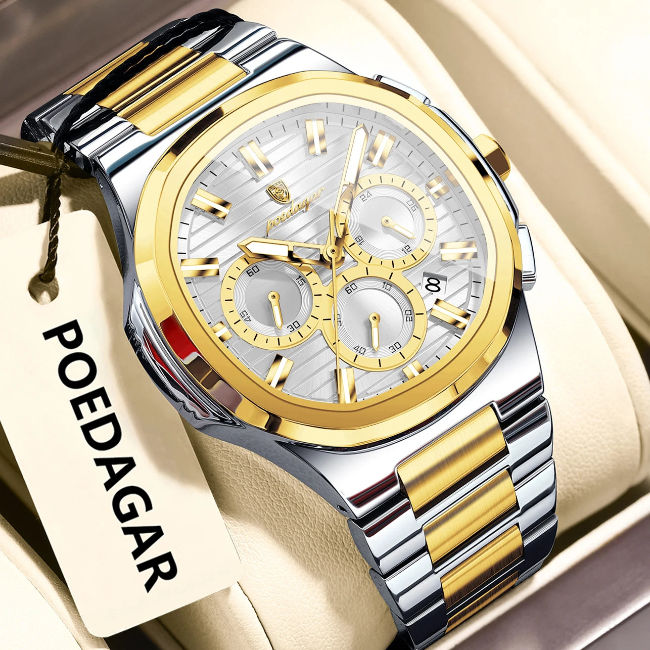 POEDAGAR Men's Luxury Chronograph Watch – Stainless Steel, Waterproof, Luminous, Date