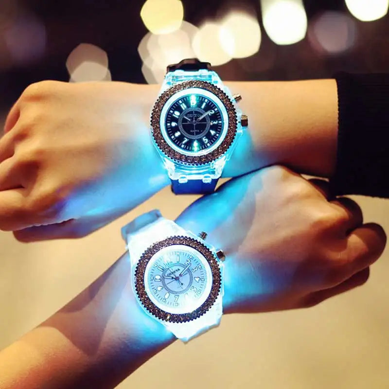 LED Flash Luminous Watch by R.E.D. Shopping with rhinestones, silicone strap, and glowing display for kids and adults.