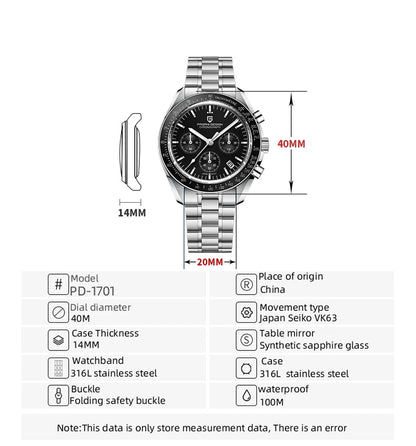PAGANI DESIGN 1701 V5 Men's Luxury Quartz Chronograph Watch – AR Sapphire Glass, 100M Waterproof