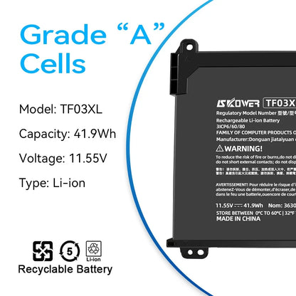 HP Laptop Battery TF03XL / HT03XL – 11.55V, 3-Cell, Li-Ion, for Pavilion 14/15/17, TPN-C136, TPN-Q207