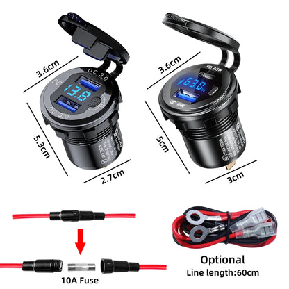 63W Aluminum USB-C Car Charger Socket – PD & QC3.0 Dual Port, 12V/24V for Car, Boat & Motorcycle