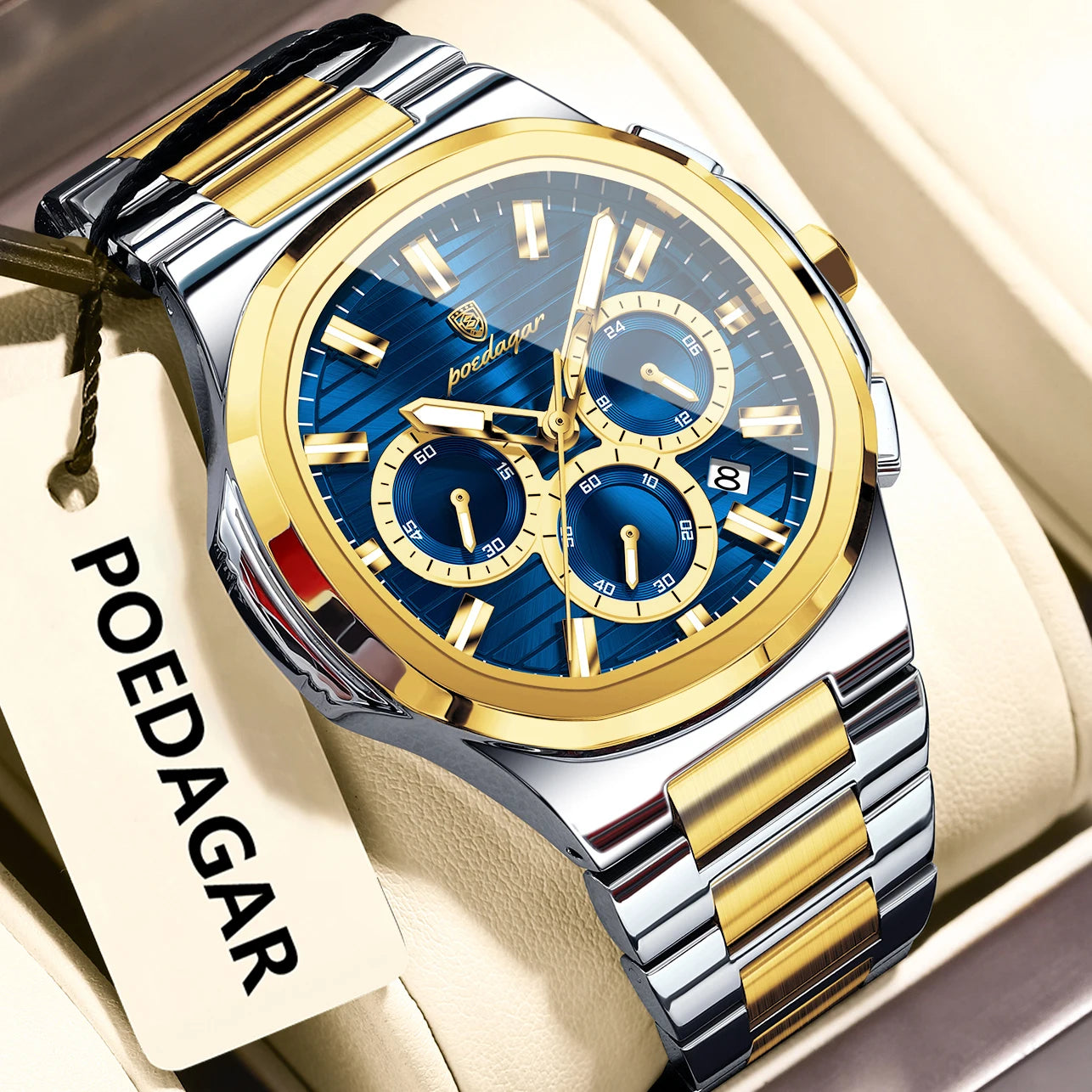 POEDAGAR Men's Luxury Chronograph Watch – Stainless Steel, Waterproof, Luminous, Date