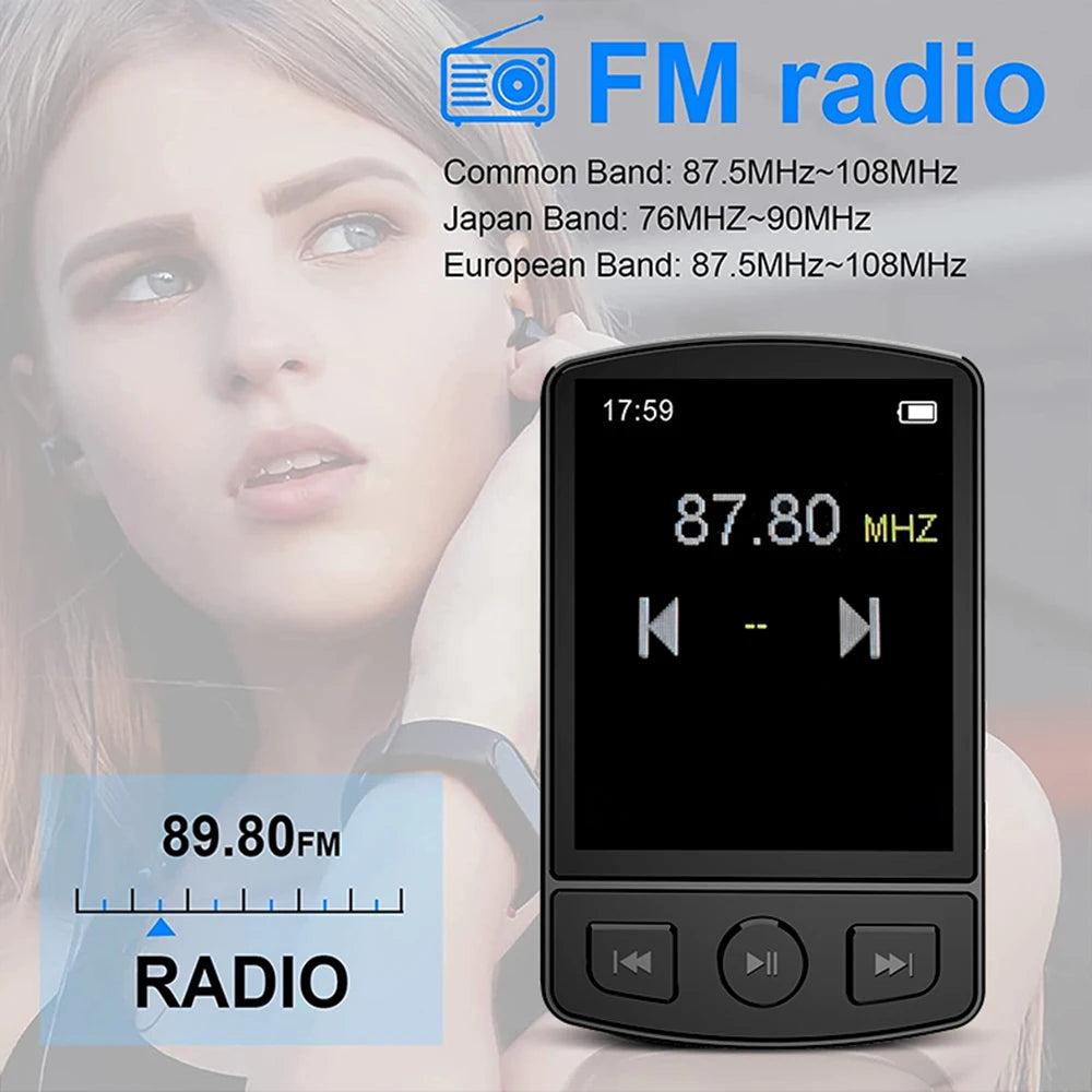 Portable Bluetooth 5.2 MP3/MP4 Music Player – 1.8" Screen, FM Radio, E-Book, Recorder, Clip Sport Walkman