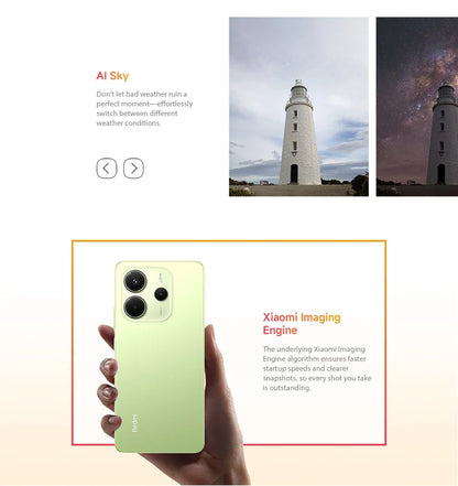 Xiaomi Redmi Note 14 smartphone featuring a sleek design, large 6.7-inch display, and a 108MP camera for high-quality photos