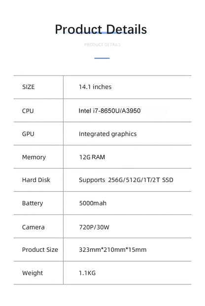 14.1" Portable Laptop – Intel Core i7-8650U or Atom A3950, 12GB RAM, up to 2TB SSD, 4K HD | Windows 11 Office