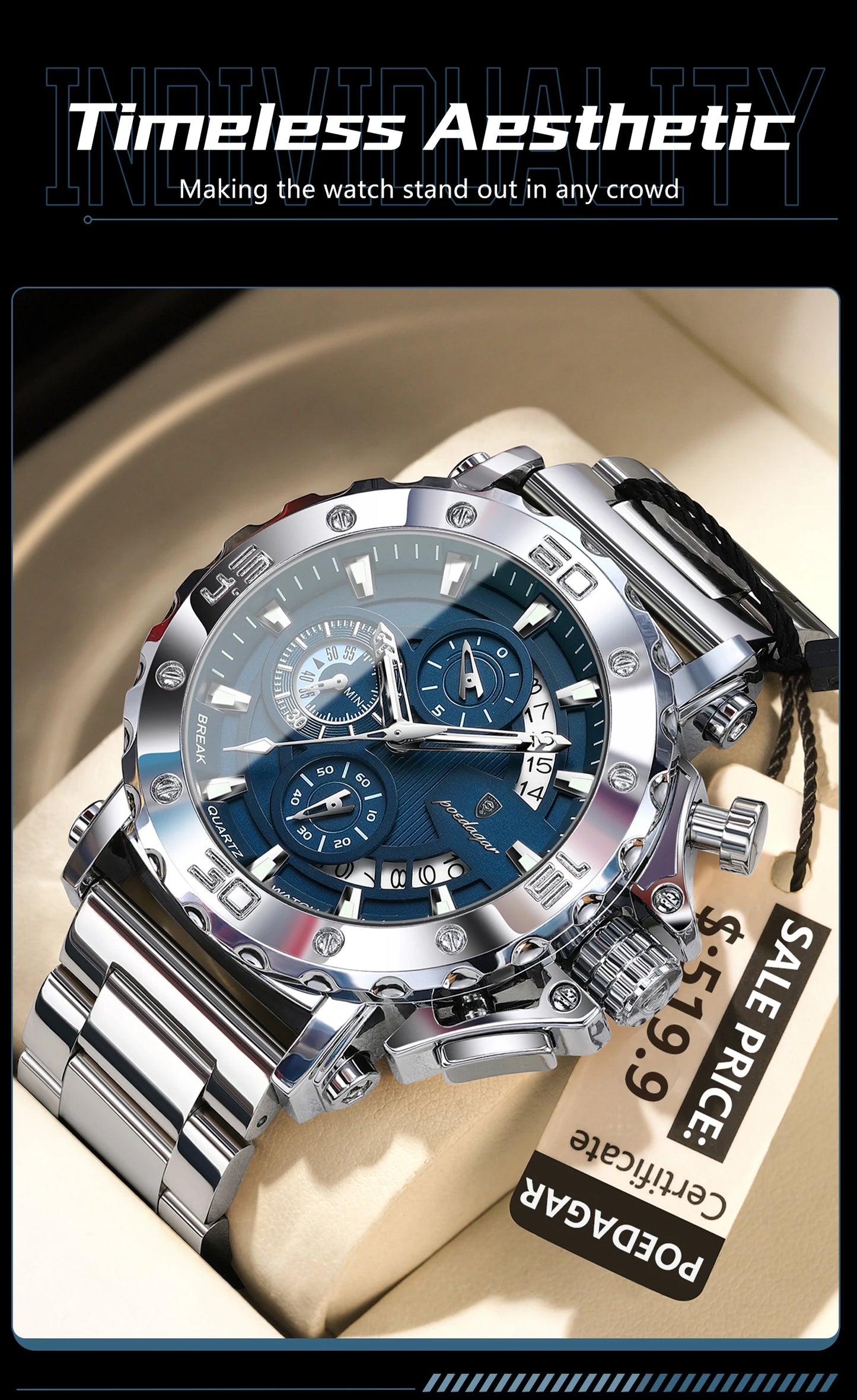 POEDAGAR Men's Luxury Chronograph Watch – Calendar, Luminous, Waterproof, Stainless Steel Quartz