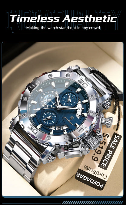 POEDAGAR Men's Luxury Chronograph Watch – Calendar, Luminous, Waterproof, Stainless Steel Quartz
