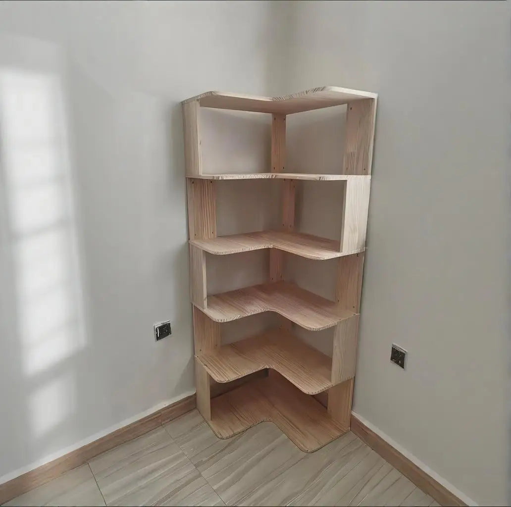 Solid wood corner bookshelf rack by R.E.D. Shopping, featuring multiple shelves for stylish multi-layer storage in living rooms.
