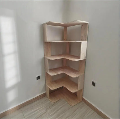 Solid wood corner bookshelf rack by R.E.D. Shopping, featuring multiple shelves for stylish multi-layer storage in living rooms.