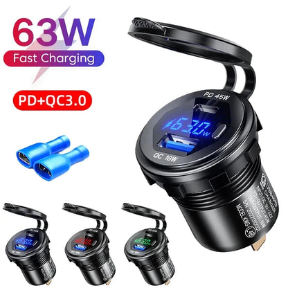 63W Aluminum USB-C Car Charger Socket – PD & QC3.0 Dual Port, 12V/24V for Car, Boat & Motorcycle