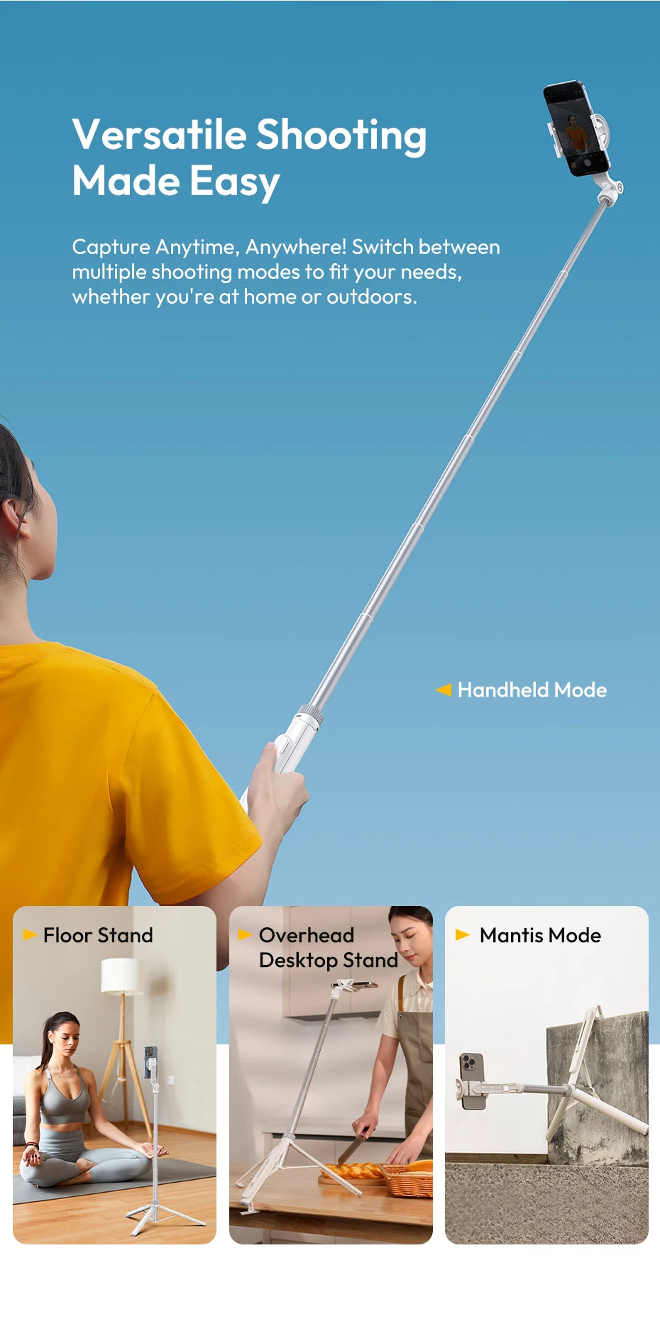 Ulanzi TT88 1.44M Overhead Selfie Stick Tripod – Magnetic Clamp, Wireless Remote, for Vlog & Live