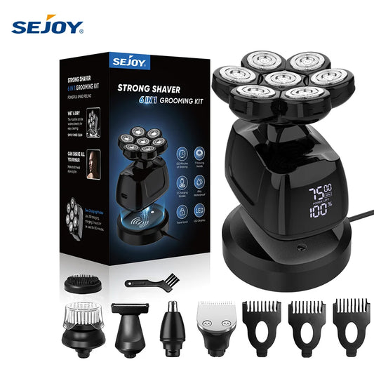 SEJOY 7D Head Shaver for Men – 6-in-1 Electric Razor, Nose Trimmer, Waterproof, 85min Runtime