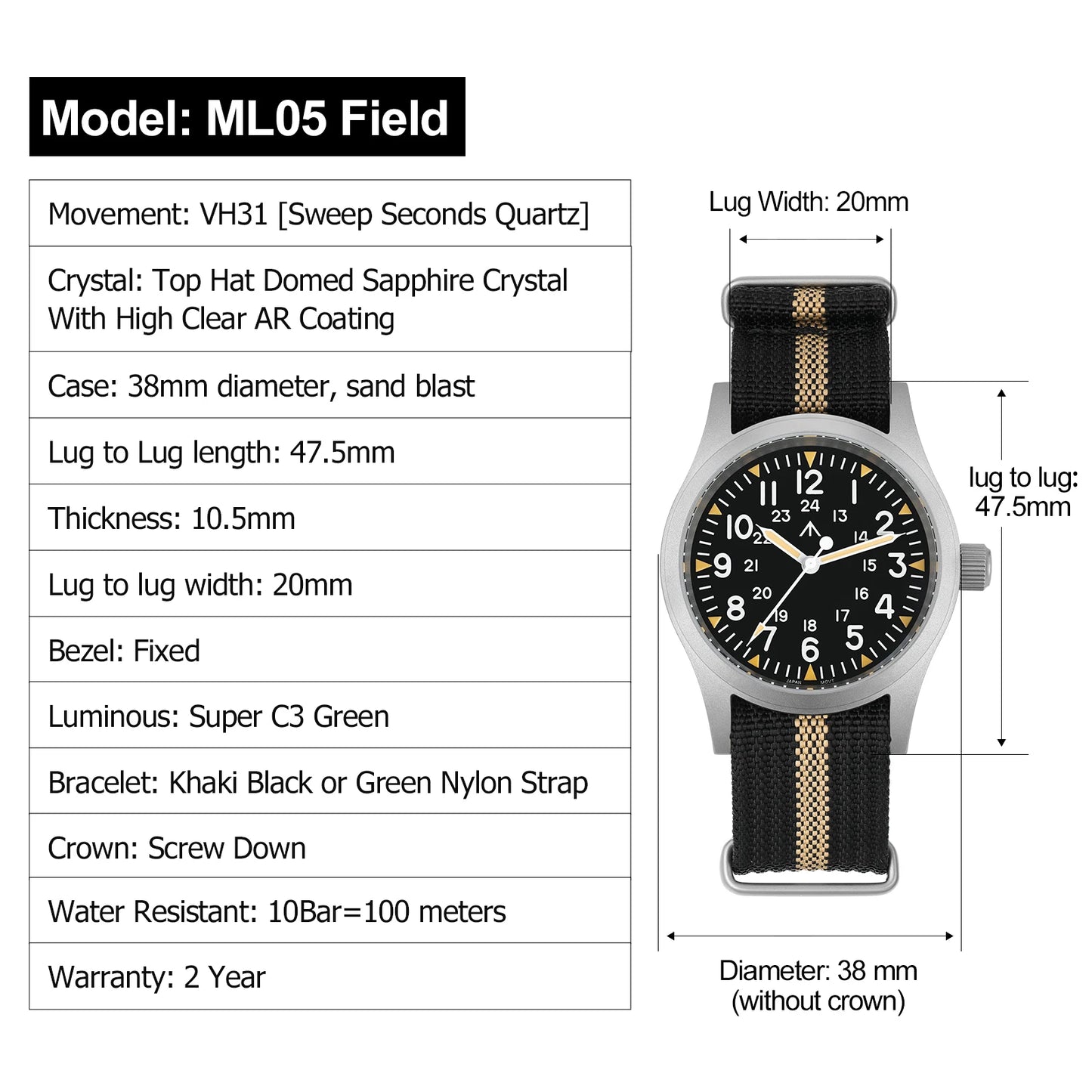 Militado ML05 Field Watch – 38mm, VH31 Sweep Quartz, Sapphire Crystal, 100M, Screw-Down Crown