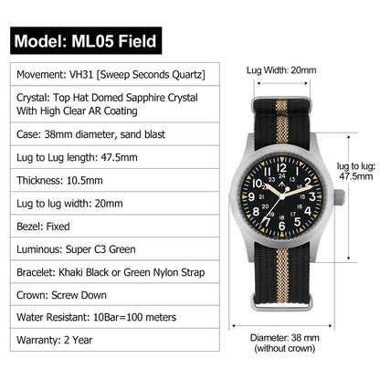 Militado ML05 Field Watch – 38mm, VH31 Sweep Quartz, Sapphire Crystal, 100M, Screw-Down Crown