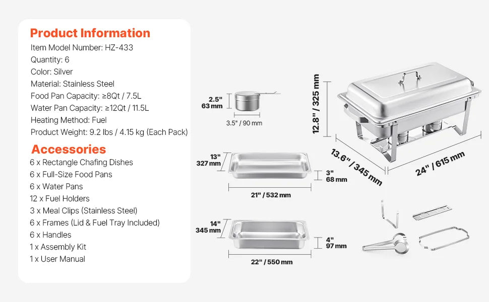 SucceBuy 8QT Rectangle Chafing Dish Set – 2/4/6 Pack Buffet Catering Warmer