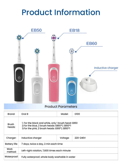 Oral-B D100 Vitality Electric Toothbrush – 2D Cleaning, 10000RPM, Timer, Inductive Charger