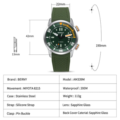 BERNY Automatic Dive Watch – Sapphire Crystal, 200M Water Resistant, NH35 Movement