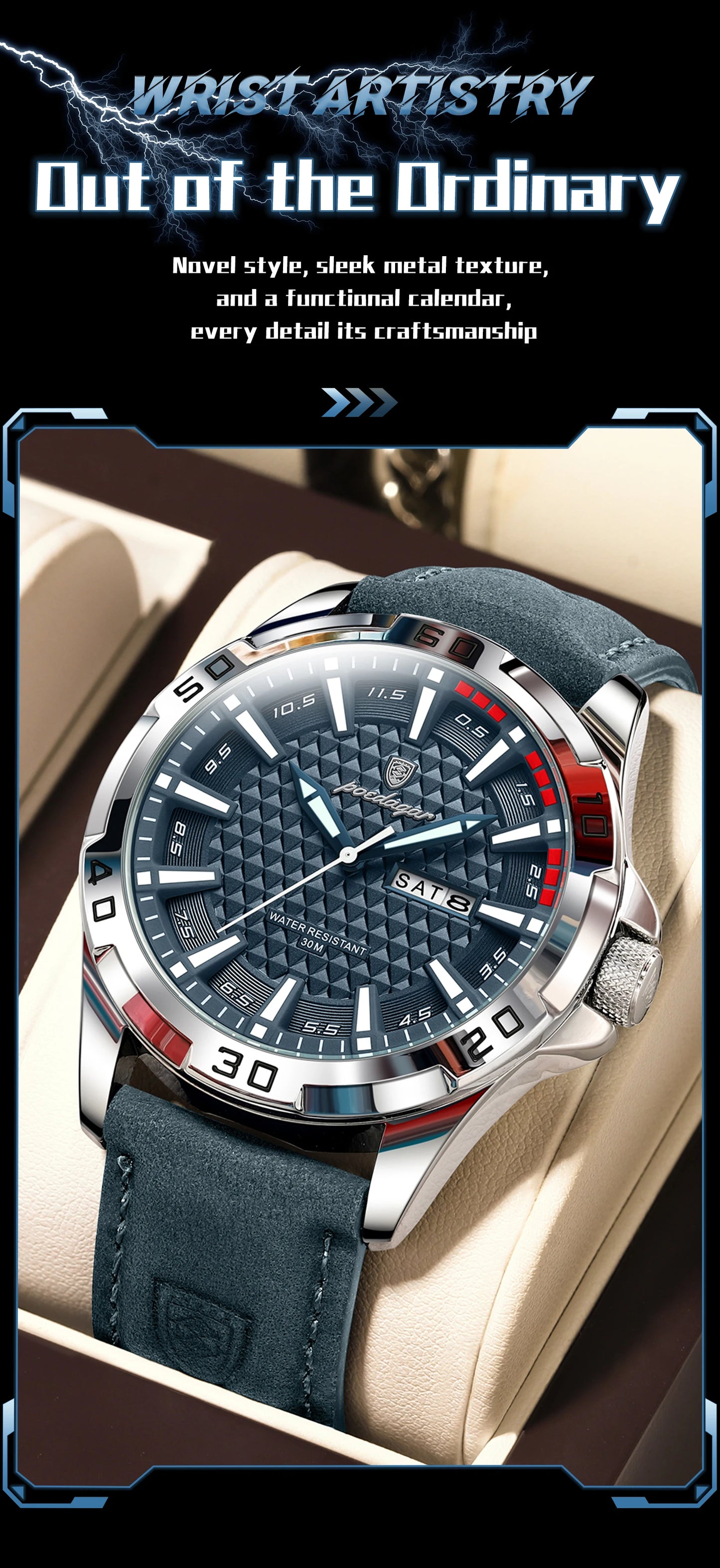 POEDAGAR Men's Luxury Wristwatch – Waterproof, Luminous, Date & Week Display, Quartz Sport Leather