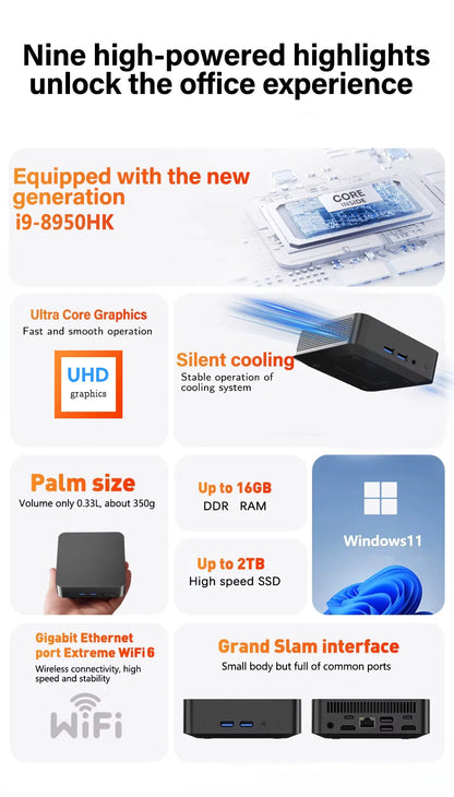 Mini PC Desktop – Intel Core i9 8950HK / i3 6100U, Windows 11 Pro, 16GB RAM, up to 2TB SSD, WiFi 6