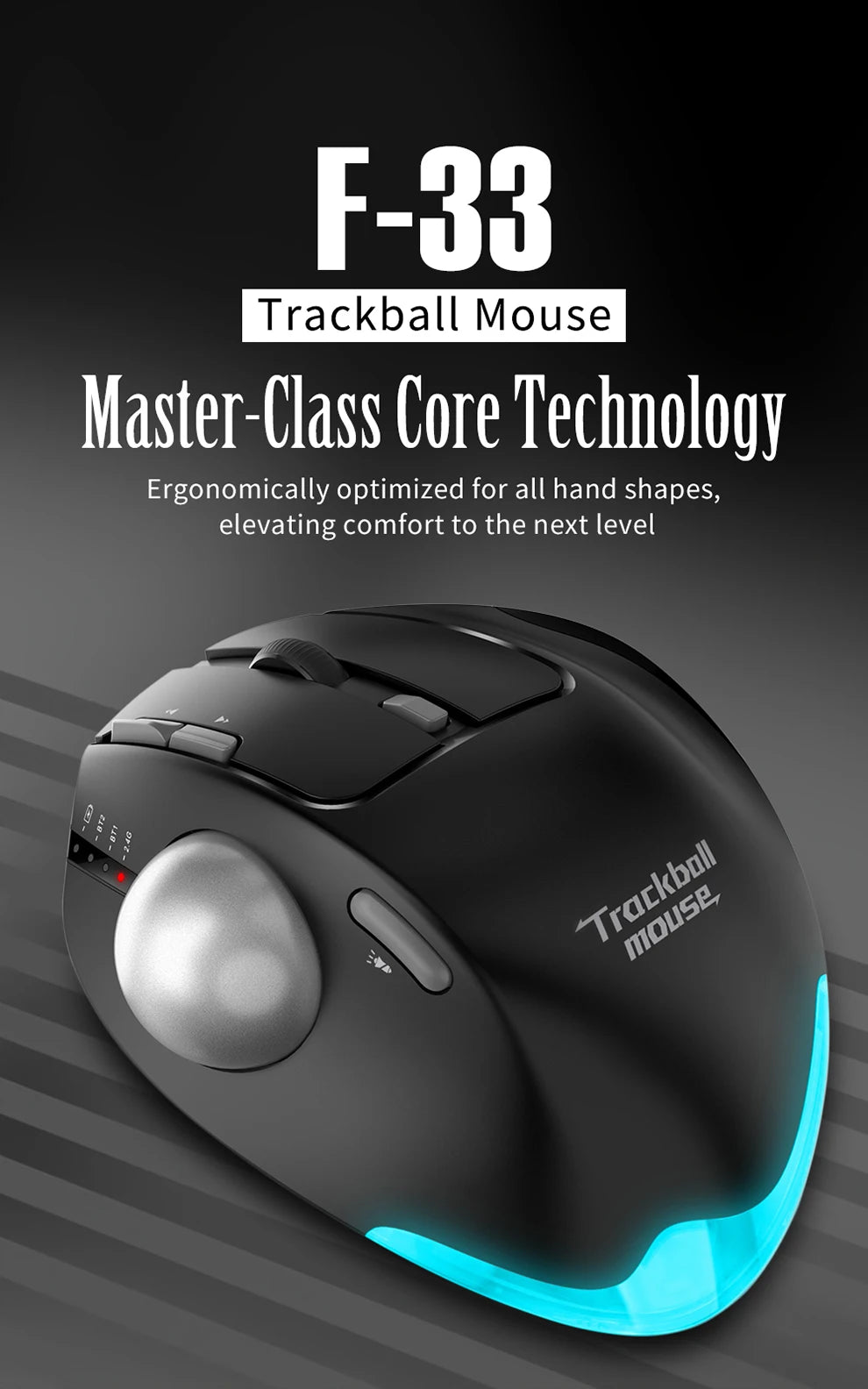 Wireless Bluetooth Trackball Mouse – RGB, 2.4G, Ergonomic, 3-Device Connection for PC & iPad