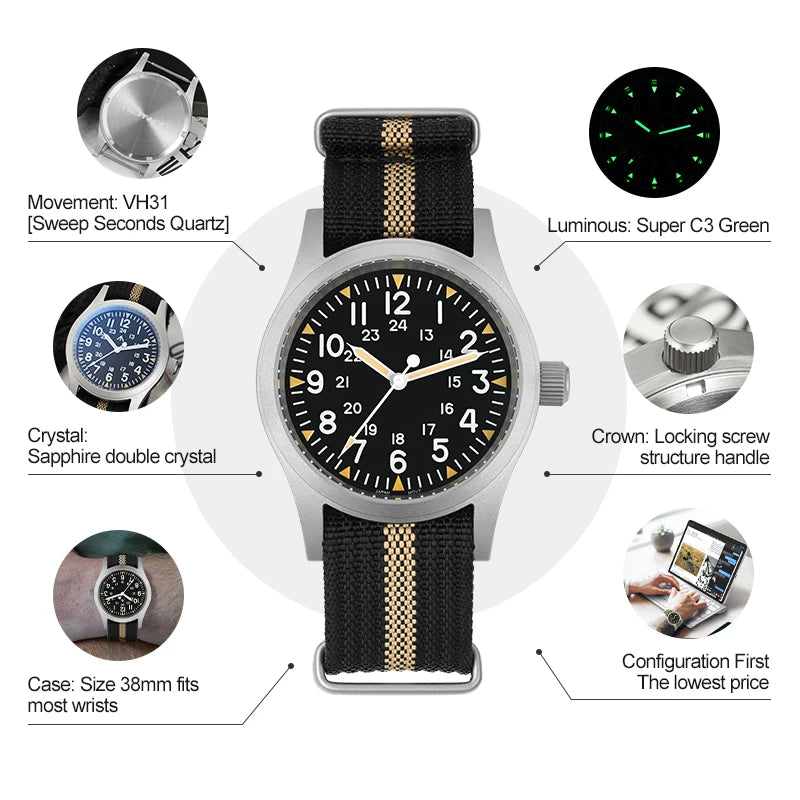 Militado ML05 Field Watch – 38mm, VH31 Sweep Quartz, Sapphire Crystal, 100M, Screw-Down Crown