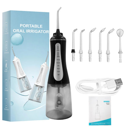 Oral Irrigator Water Dental Flosser – 350ml, 5 Modes, IPX7, 6 Nozzles, Rechargeable
