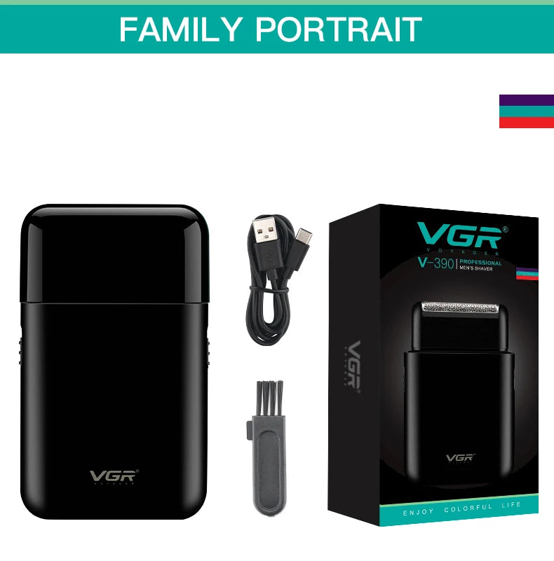 VGR professional electric shaver and beard trimmer with compact design, USB charging for men’s grooming and personal care.