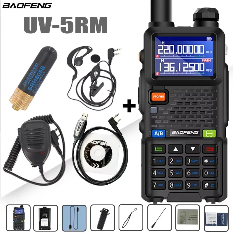 Baofeng UV-5RM walkie talkie with four-band radio, 999 channels, and 3800mAh battery, shown with display and controls.