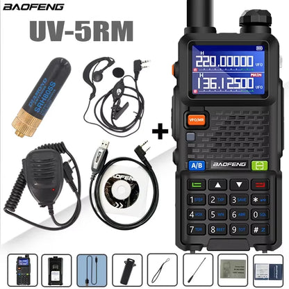 Baofeng UV-5RM walkie talkie with four-band radio, 999 channels, and 3800mAh battery, shown with display and controls.