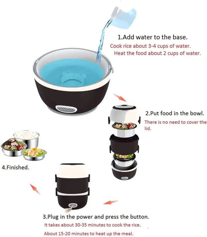 Electric Heating Lunch Box – 2L, 1-3 Layer, Portable Bento Box Rice Cooker, 200W Stainless Steel | 110V | US/EU/UK