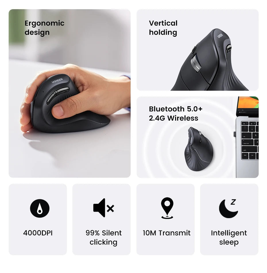 UGREEN Vertical Ergonomic Mouse – Bluetooth 5.0 & 2.4G Wireless, 4000DPI, 6 Silent Buttons, for Mac & PC