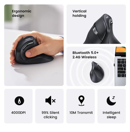 UGREEN Vertical Ergonomic Mouse – Bluetooth 5.0 & 2.4G Wireless, 4000DPI, 6 Silent Buttons, for Mac & PC