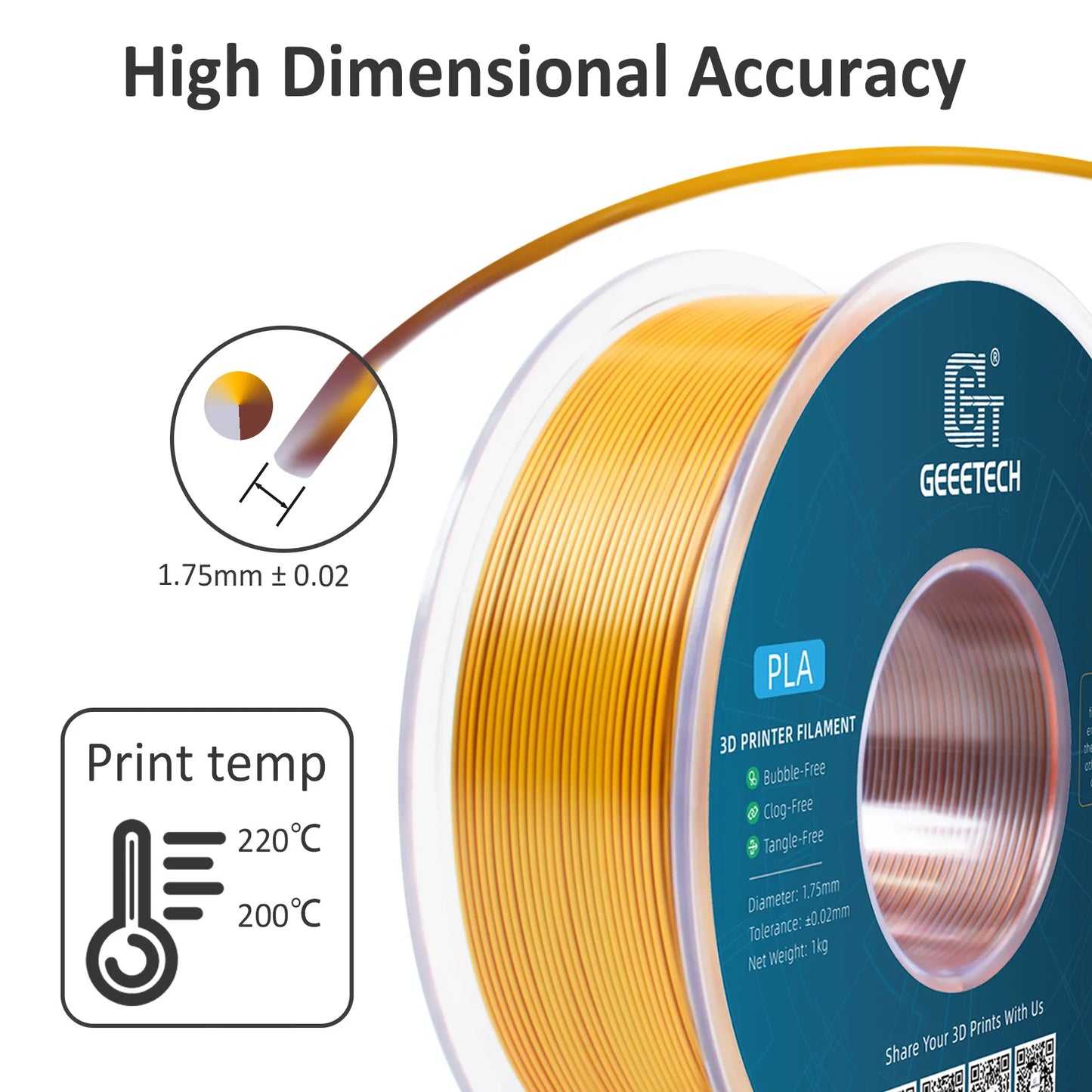 Geeetech Tri-Color Silk PLA Filament 1.75mm – 1KG Spool, Vacuum Packed