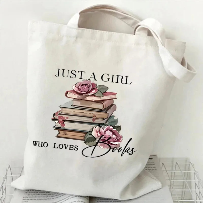 Just A Girl Who Loves Books Canvas Tote Bag - Vintage Rose Reusable Shopper for Book Lovers