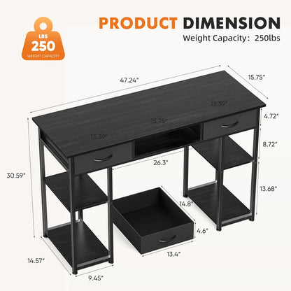 JHK 48" Gaming Desk with Fabric Drawers & Storage Shelves – Metal Frame Home Office