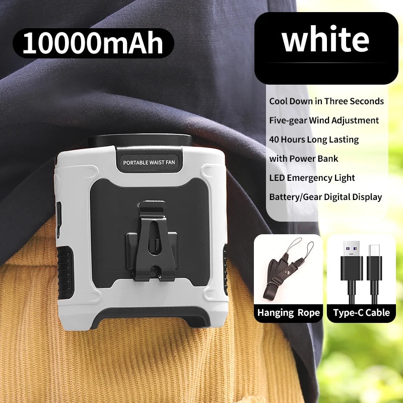 Portable Waist & Neck Fan 10000/20000mAh – 5-Speed with LED Light
