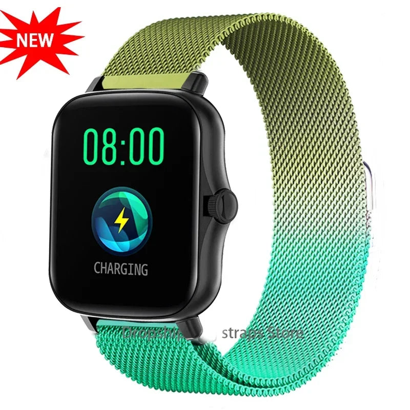 Metal magnetic watch strap for Amazfit GTS and GTR, 20mm and 22mm bracelet, with adjustable magnetic clasp.