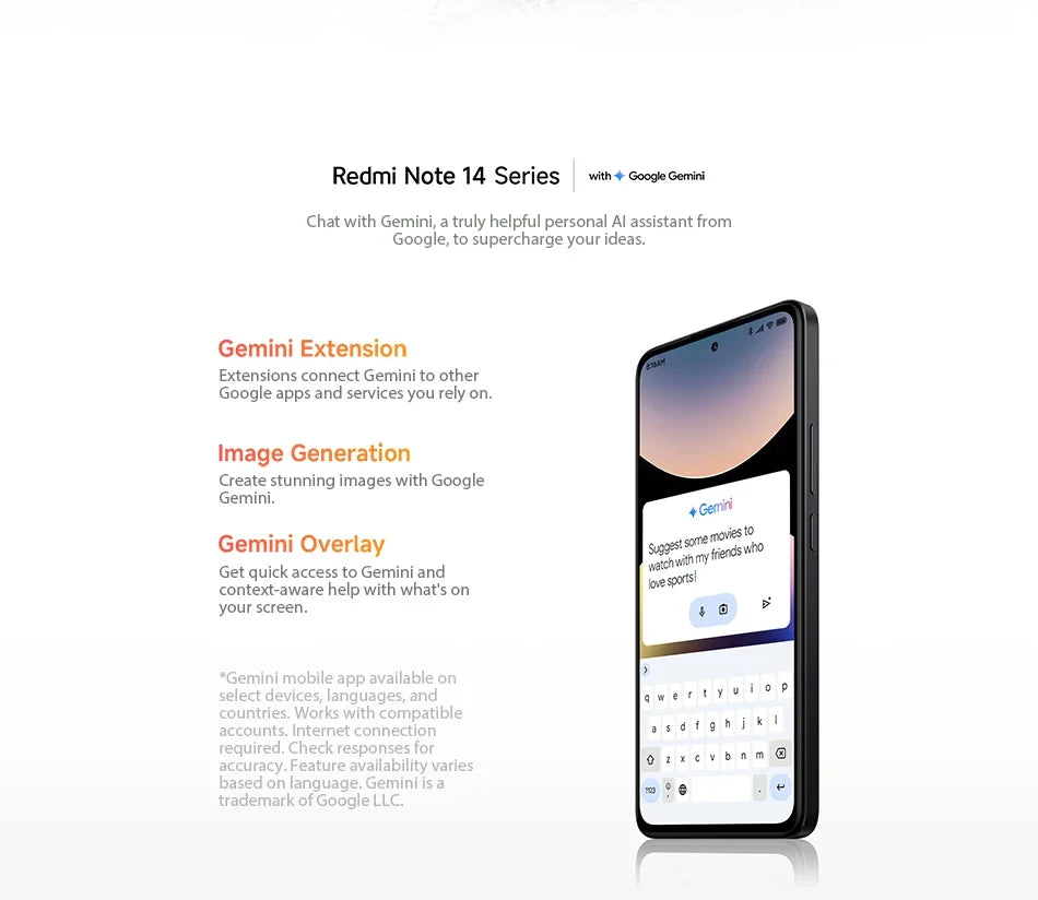 Xiaomi Redmi Note 14 smartphone with 6.75-inch display, 108MP camera, and MediaTek Helio G99 processor, black color.