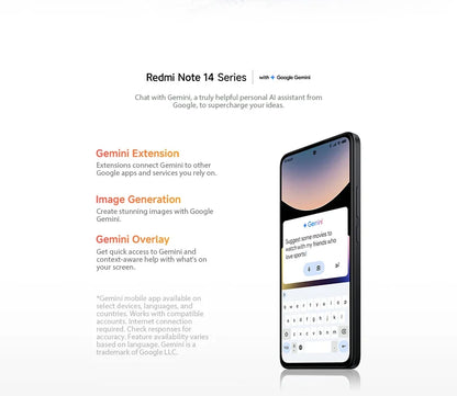 Xiaomi Redmi Note 14 smartphone with 6.75-inch display, 108MP camera, and MediaTek Helio G99 processor, black color.