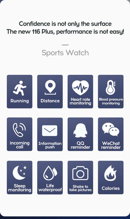 Red Shopping 116Plus Smart Watch displaying fitness tracking, heart rate, and sleep monitoring on its digital screen.