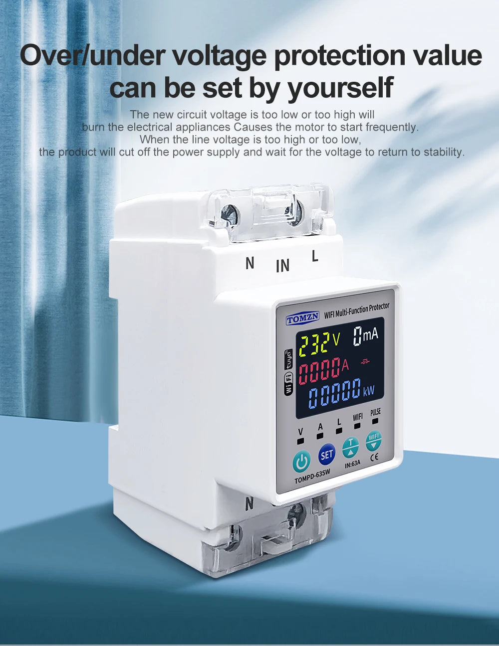 TOMZN 2P 63A TUYA WiFi Smart Circuit Breaker with Energy Monitoring