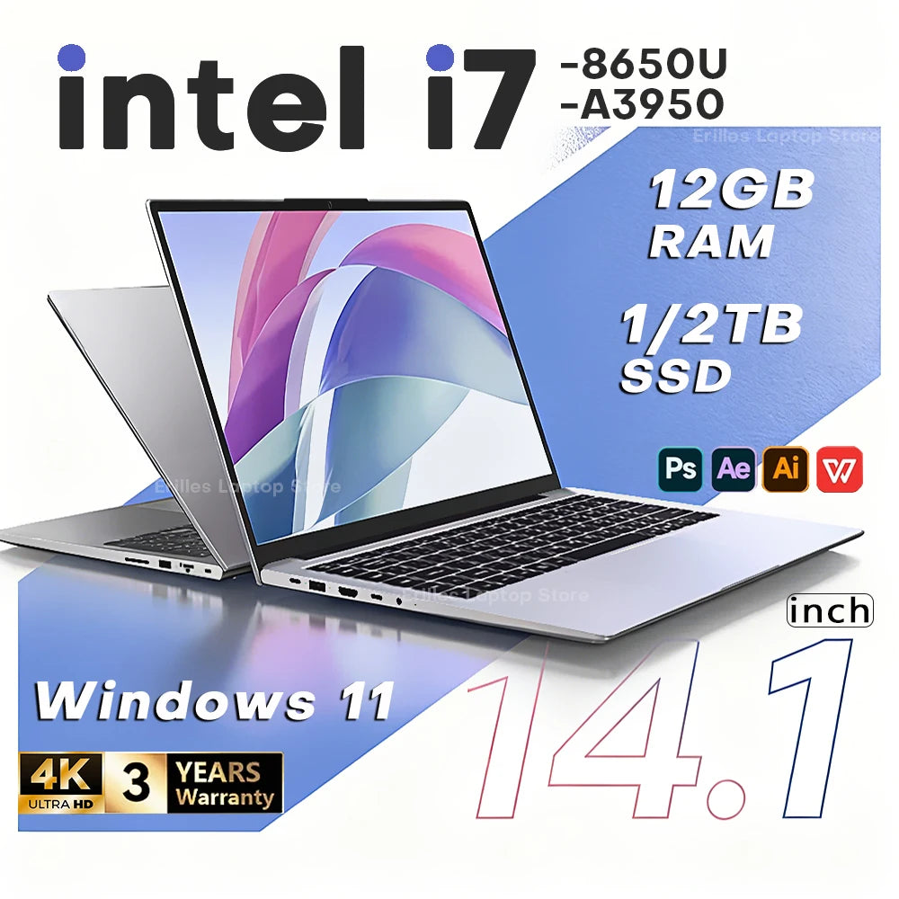 14.1" Laptop | Intel Core i7-8650U or Atom A3950 | 12GB RAM | Up to 2TB SSD | Win 11 | FHD 1920×1080